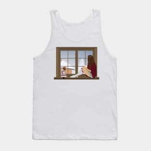 Girl and beagle dog sitting on the window. winter landscape Tank Top